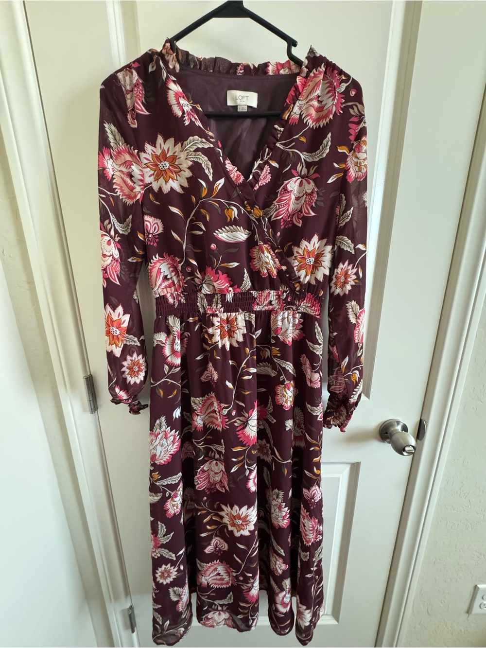 LOFT Burgundy Floral Midi Dress with Pink and Cream Blooms